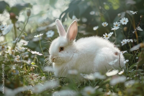 Fototapeta A white rabbit sits amidst a colorful field of flowers, perfect for Easter or spring-themed designs