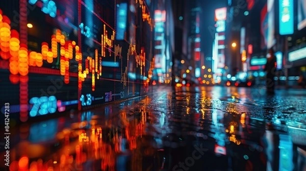 Fototapeta Stock market price screen with city lights reflected on the glass against the background of a downtown street at night.