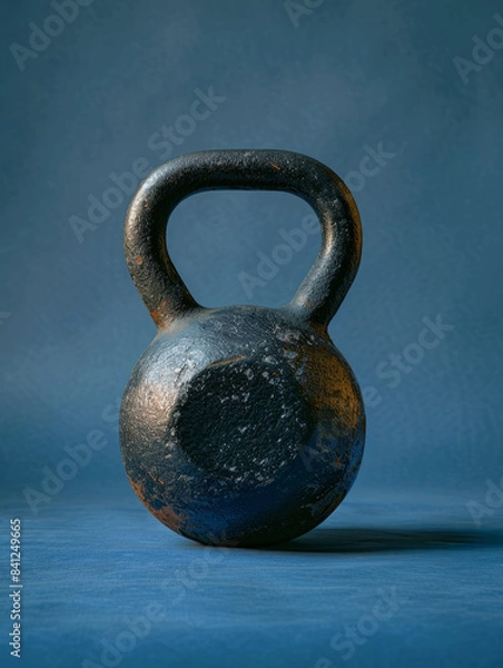Fototapeta Rustic kettlebell on a blue surface.