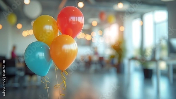 Fototapeta Close-up of colorful balloons in a festive office setting, perfect for celebration and party themes in a modern work environment.