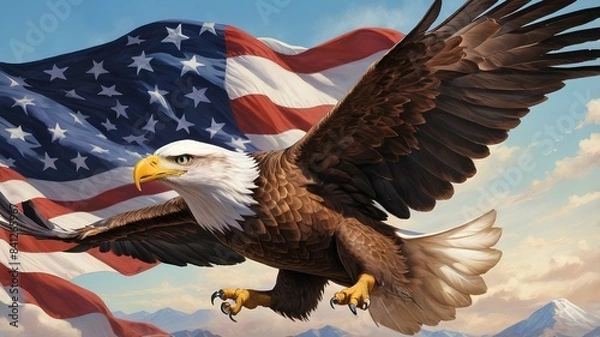 Fototapeta 
Illustration of an eagle flying with a clear sky as a background and an American flag behind it with an independent America's Day theme concept background