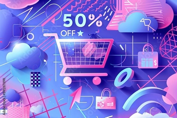 Fototapeta An abstract background featuring a pink shopping cart filled with products, surrounded by digital elements like clouds, Wi-Fi signals, and a bold 50% OFF text. Generative AI