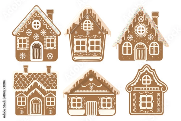 Fototapeta Set of sweet gingerbread houses in cartoon style. Vector illustration of delicious gingerbread houses with protein icing: snowflakes, hearts, dots, wavy lines, and decorated with colored sprinkles.
