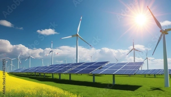 Fototapeta Solar panels and wind turbines set in a green field under a bright sunny sky. This image highlights renewable energy sources and sustainable technology, emphasizing the importance of clean energy for