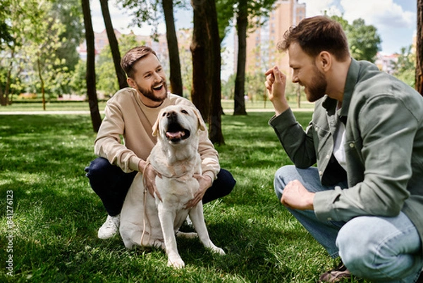 Fototapeta Two bearded men, a gay couple, enjoy a sunny day in a green park, laughing and playing with their labrador retriever.