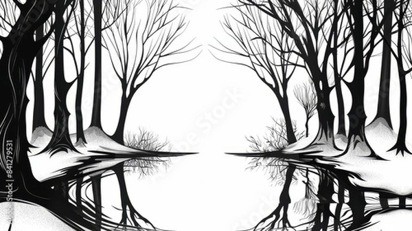 Fototapeta winter forests flat design side view mystical water color black and white