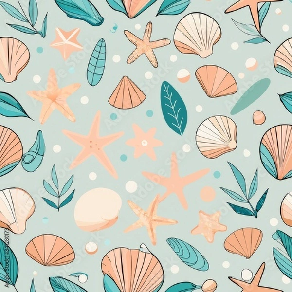 Fototapeta Seamless pattern of tiny seashells and starfish with soft outlines, Generative AI