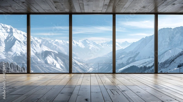 Fototapeta Modern empty room with floortoceiling windows overlooking snowy mountains. wooden flooring. minimalist style. clean background 