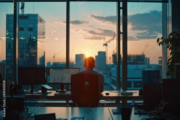 Fototapeta A person sitting at a desk with a window view, suitable for office or work-related purposes