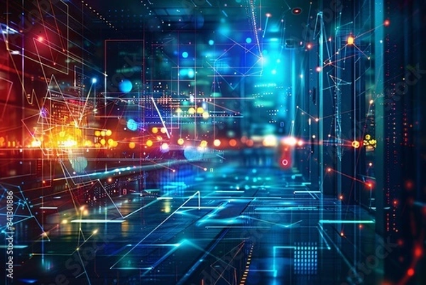 Fototapeta Contemporary open office with cyberpunk aesthetic, neon lighting, and tech overlays, blurred scene