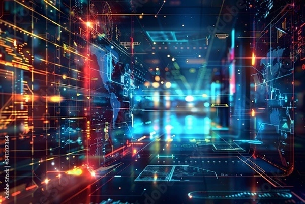 Fototapeta Cyberpunk inspired open office with modern tech decor, neon lights, and information overlay, blurred scene