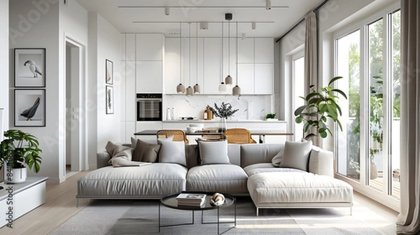 Fototapeta Scandinavian interior design of a modern living room 