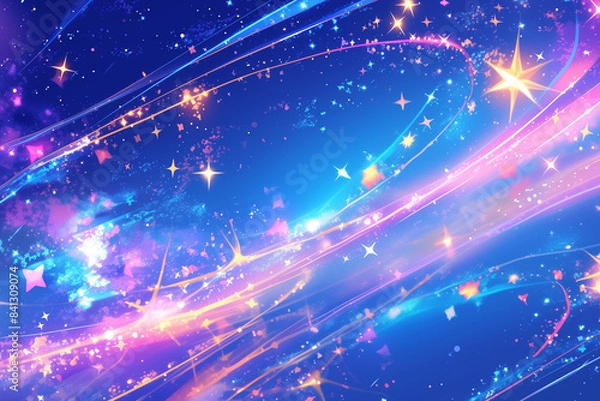 Fototapeta Cosmic Neon Wave - Glowing Pop Art Background with Star Sparkle - 宇宙のネオン波 - 星の輝きを持つ輝くポップアートの背景