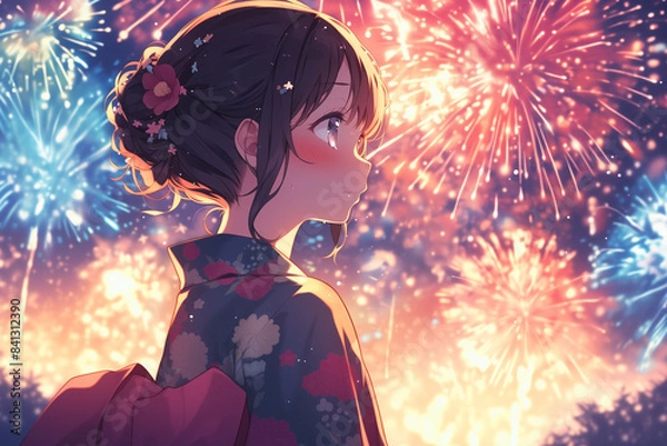 Fototapeta Serene Beauty in Yukata Admiring Fireworks in High Resolution Image -  高解像度画像で花火を鑑賞する浴衣姿の静謐な美女