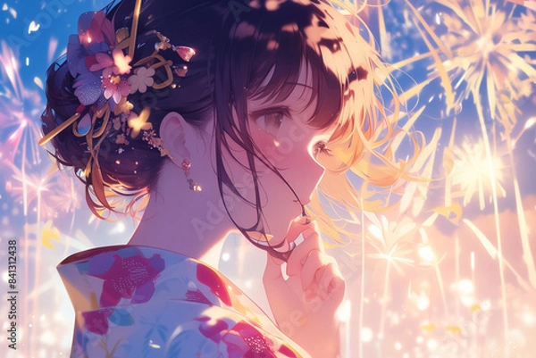 Fototapeta Enchanting Moment of a Adorable Girl in Yukata Watching Fireworks at Night - 可憐な浴衣姿の女の子が夜の花火を鑑賞する魅惑のひととき