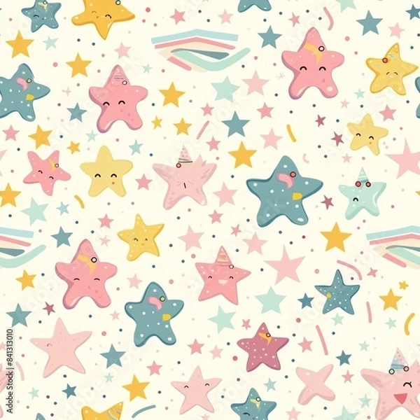 Fototapeta Pastel coloured stars and birthday graphics in a seamless pattern, creating a fantasy-like atmosphere with a flow of colours, suitable for pride and party posters