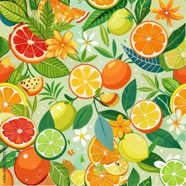 Obraz Seamless pattern of refreshing citrus fruits like oranges, lemons, and limes with tropical flowers, Generative AI