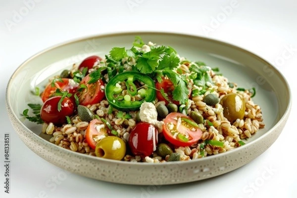 Fototapeta Mediterranean-Inspired Barley Grain Bowl with Fresh Tomatoes and Olives