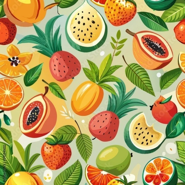Fototapeta Seamless pattern of tropical fruit patterns with a watercolor effect for a soft and dreamy look, Generative AI