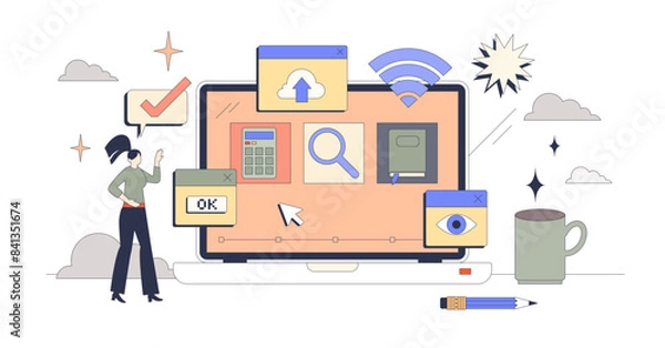 Fototapeta Digital learning tools for online education tiny person neubrutalism concept, transparent background. Studying using internet resources and platforms illustration. Cyberspace technology usage.