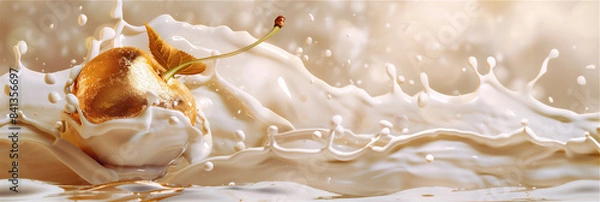 Fototapeta Golden cherry with milk splash