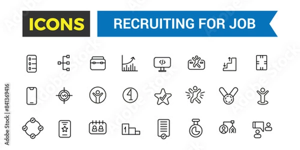 Fototapeta Recruiting for job icon set. Outline icons pack. Editable vector icon and illustration.