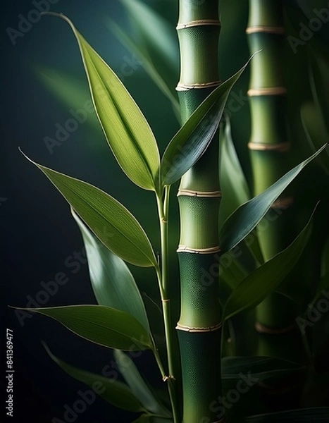 Fototapeta A close-up view of a bamboo stalk with several leaves extending from it