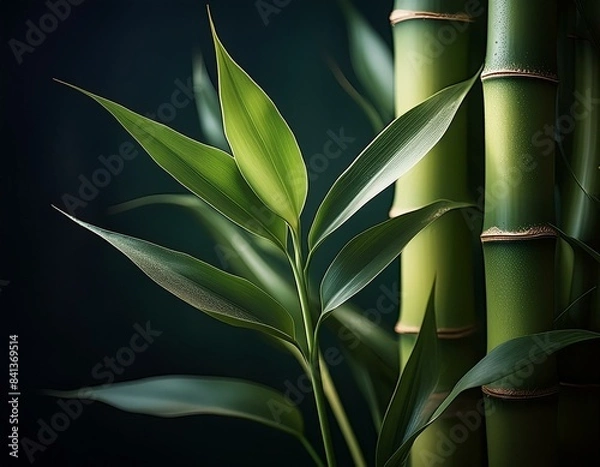 Fototapeta A close-up view of a bamboo stalk with several leaves extending from it