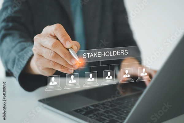 Fototapeta Stakeholders concept. Person touching stakeholders icon on virtual screen for business finance stakeholder investment management. Different stakeholders contact collaboration for company organization
