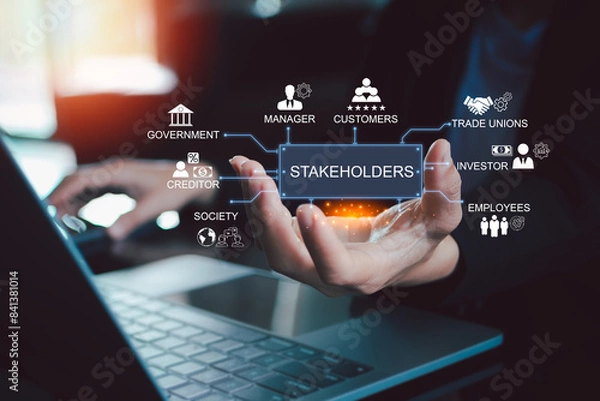 Fototapeta Stakeholders concept. Person touching stakeholders icon on virtual screen for business finance stakeholder investment management. Different stakeholders contact collaboration for company organization
