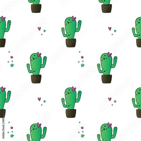 Fototapeta Hand drawn vector print with cactus. Seamless summer pattern. 