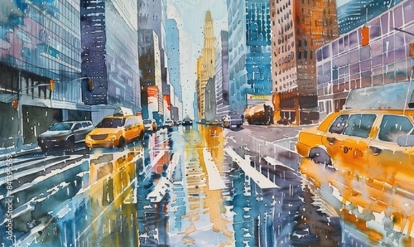 Fototapeta A painting of a city street with a taxi cab in the foreground
