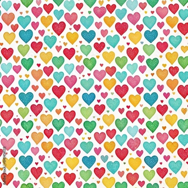 Fototapeta A seamless pattern of colorful illustrated hearts in various sizes. The hearts are arranged in a repeating pattern on a white background. Generative AI