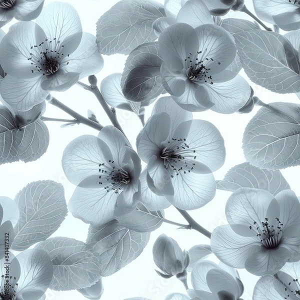 Obraz Seamless beautiful black white and blue flowers pattern background