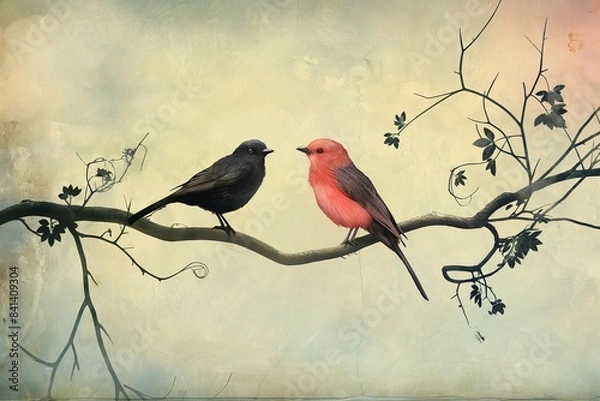 Fototapeta Clipart of black and red birds for use in graphics watercolour against a white backdrop