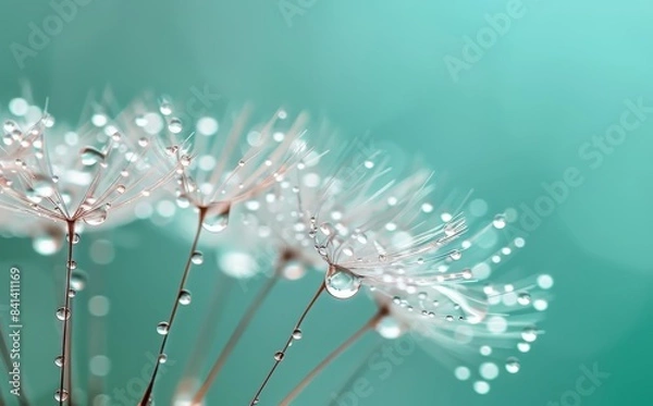 Fototapeta It's beautiful to view a water drop on a dandelion flower seed macro in nature. It has a beautiful deep saturated blue and turquoise background with free space for text.