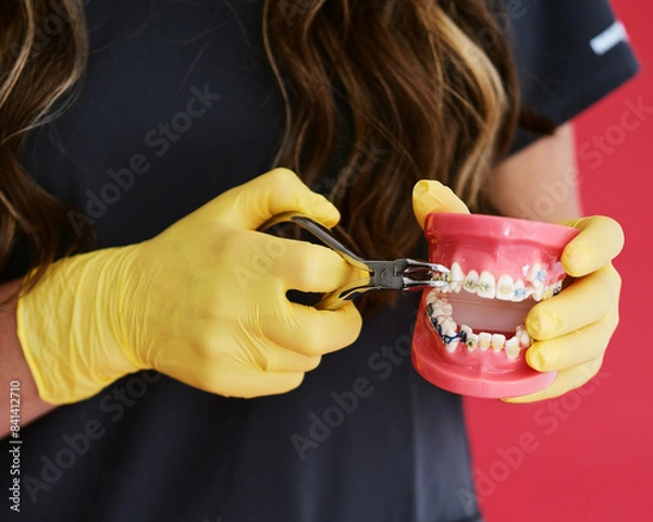 Fototapeta female dentist holds in her hands a dental model of the jaw with an incorrect bite and braces. dental supplies in the female hands of a doctor. dentist concept