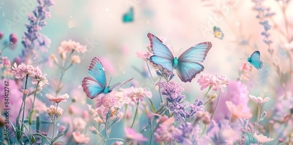 Fototapeta An artistic photograph of a wild and light blue flower in a field and two fluttering butterflies in the natural environment. Toned in blues and purples.