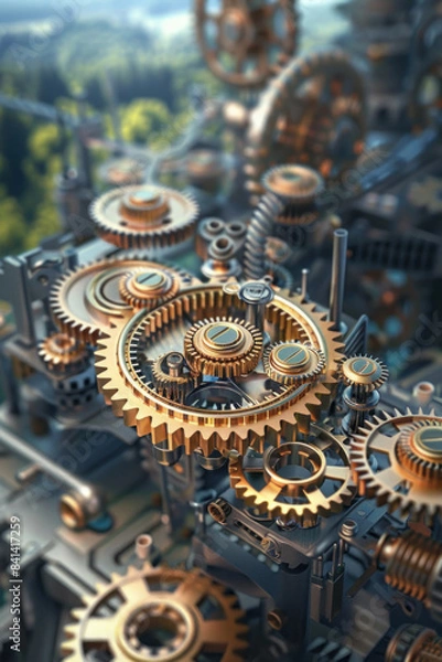 Fototapeta Golden Gears in a Complex Mechanism