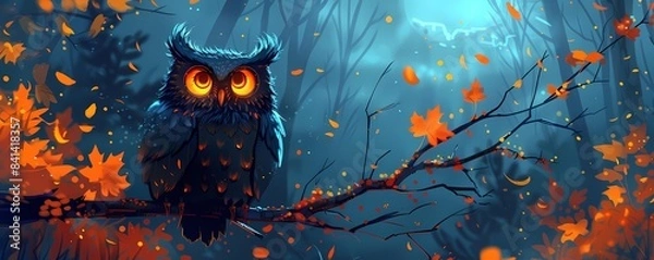 Fototapeta Flat design Halloween owl with glowing eyes, perched on a branch, and spooky forest background