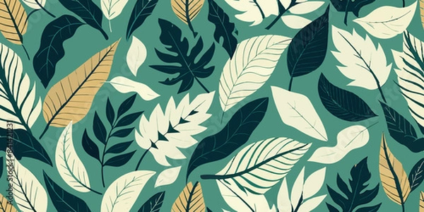 Fototapeta A pattern of various green leaves on a light background. The detailed botanical illustrations create a harmonious and fresh design, perfect for textiles or wallpapers