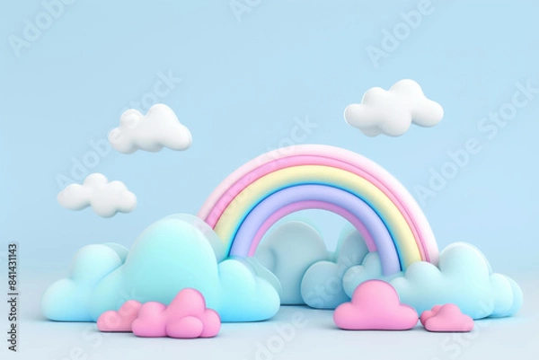 Fototapeta Multicolored rainbow and clouds. 3d volumetric background illustration for design. 