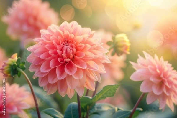 Fototapeta Stunning pink dahlia flowers in nature close-up with green background. Created by AI.