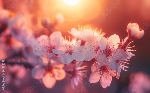 Fototapeta A beautiful natural spring floral background with a soft focus. Pink sakura flowers captured in the rays of the sun at sunset at close range.
