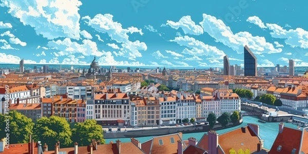 Fototapeta ville de lyon vue du ciel en illustration
