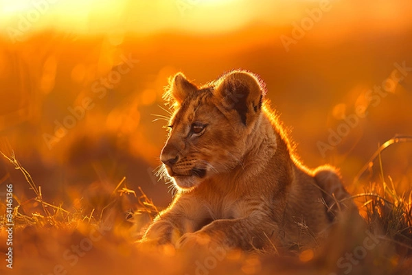 Fototapeta In the golden hour light of the savannah, a young lion cub rests peacefully, its fur aglow with warmth