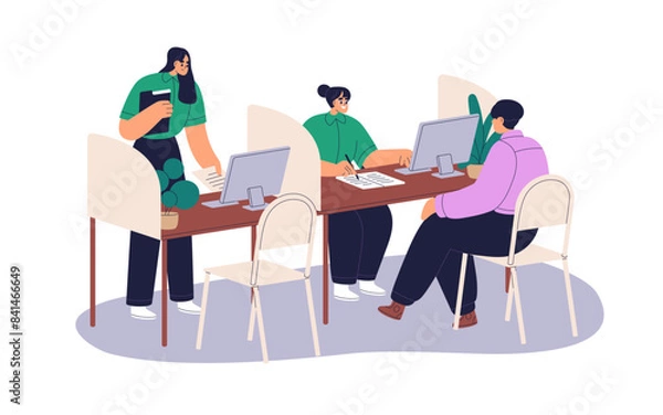 Fototapeta Client consulting with bank adviser at desk. Customer at table at financial service department. Loan and credit consultant, finance manager. Flat vector illustration isolated on white background