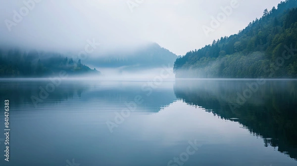 Fototapeta Fog floating over Geroldsee in Bavaria, Germany at sunrise
