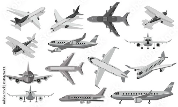 Fototapeta Vector illustration of various silhouettes of airplanes in different styles and perspectives, ideal for aviation projects, travel brochures, and educational materials. Editable. EPS 10.