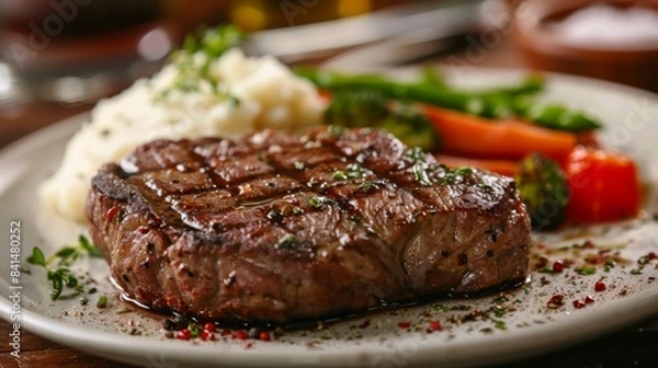 Fototapeta A juicy and tender steak cooked to perfection, served with a side of garlic mashed potatoes vegetables, representing the epitome of American steakhouse dining